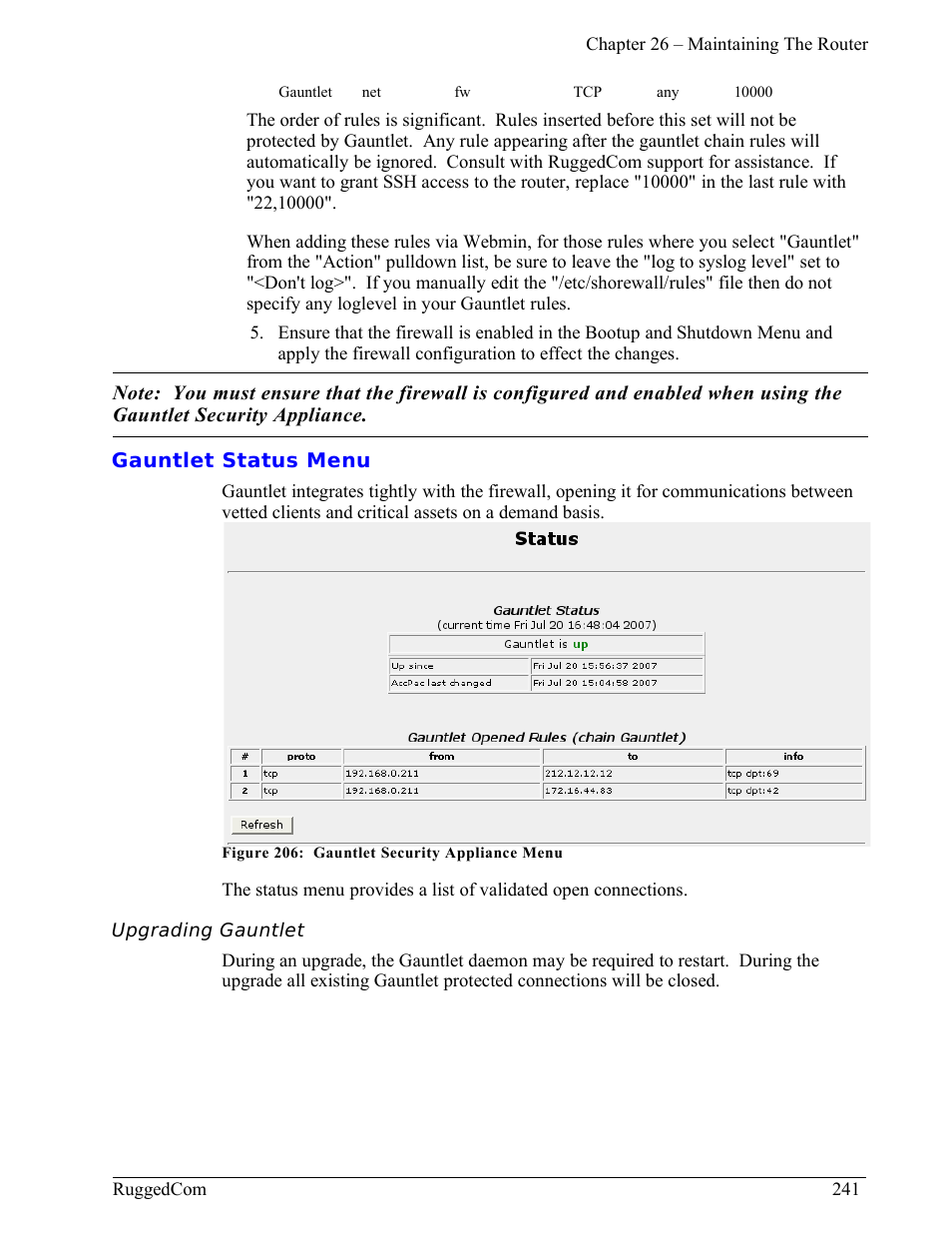 Gauntlet status menu, Upgrading gauntlet | RuggedCom RuggedRouter RX1000 User Manual | Page 243 / 284