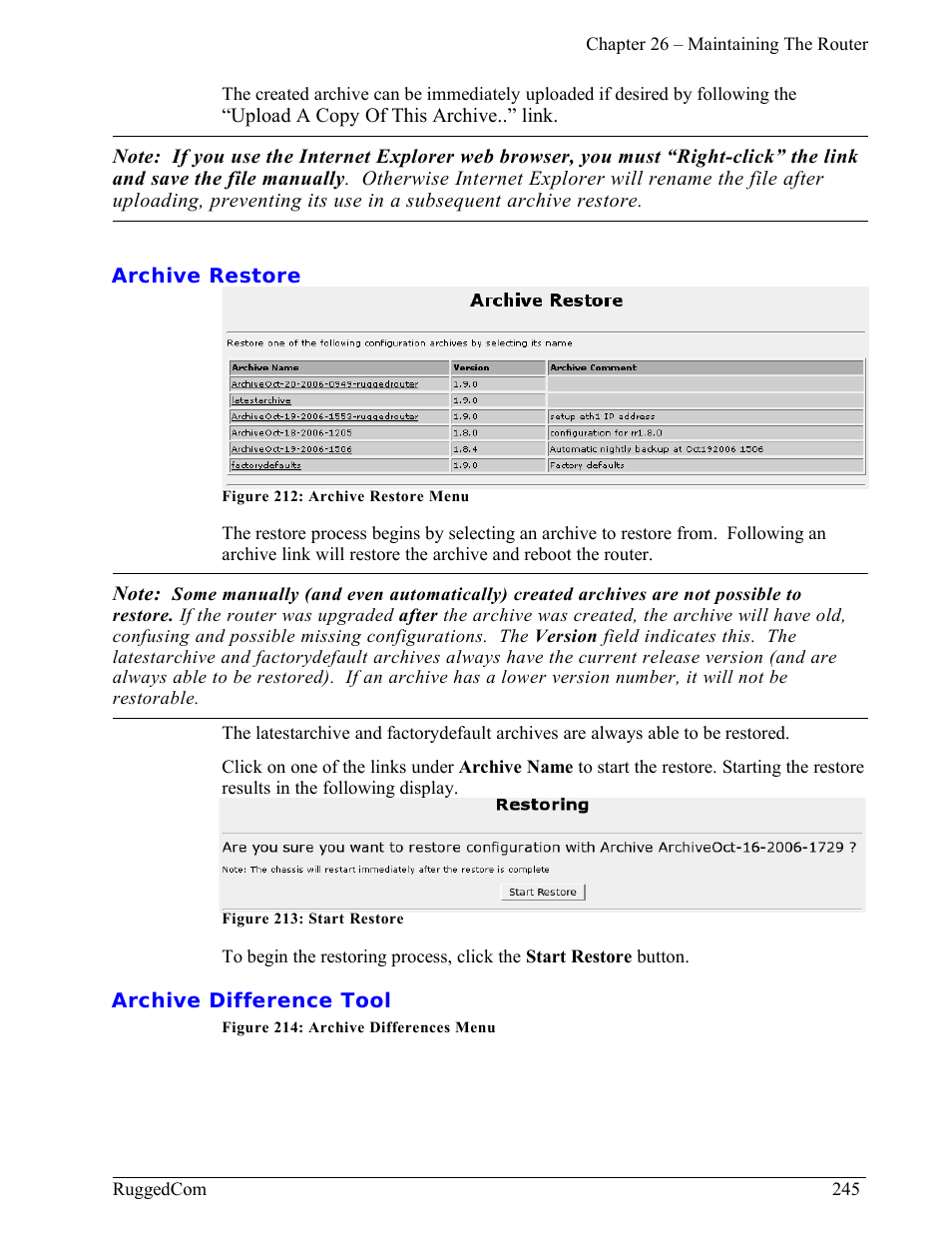 Archive restore, Archive difference tool | RuggedCom RuggedRouter RX1000 User Manual | Page 247 / 284