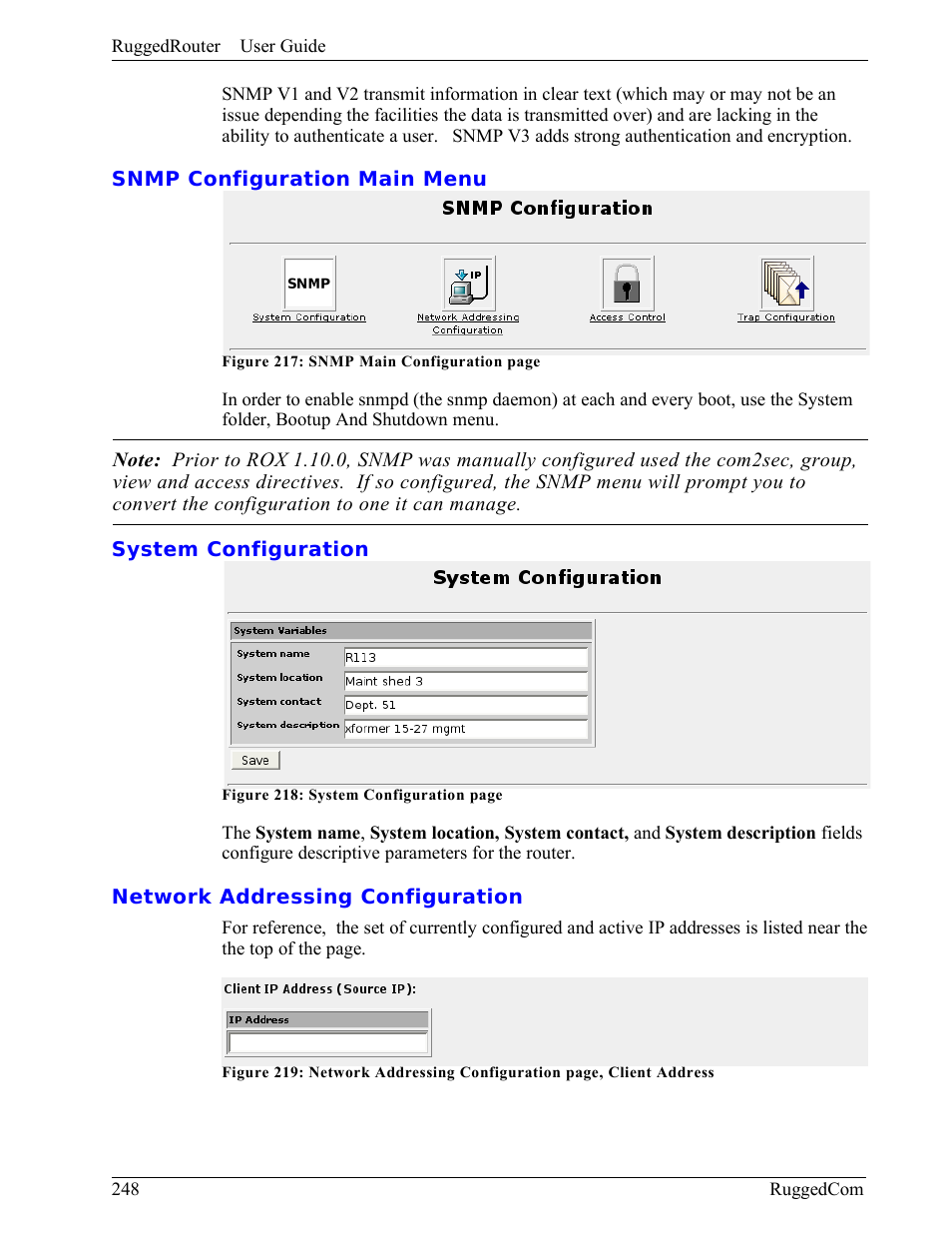 Snmp configuration main menu, System configuration, Network addressing configuration | RuggedCom RuggedRouter RX1000 User Manual | Page 250 / 284