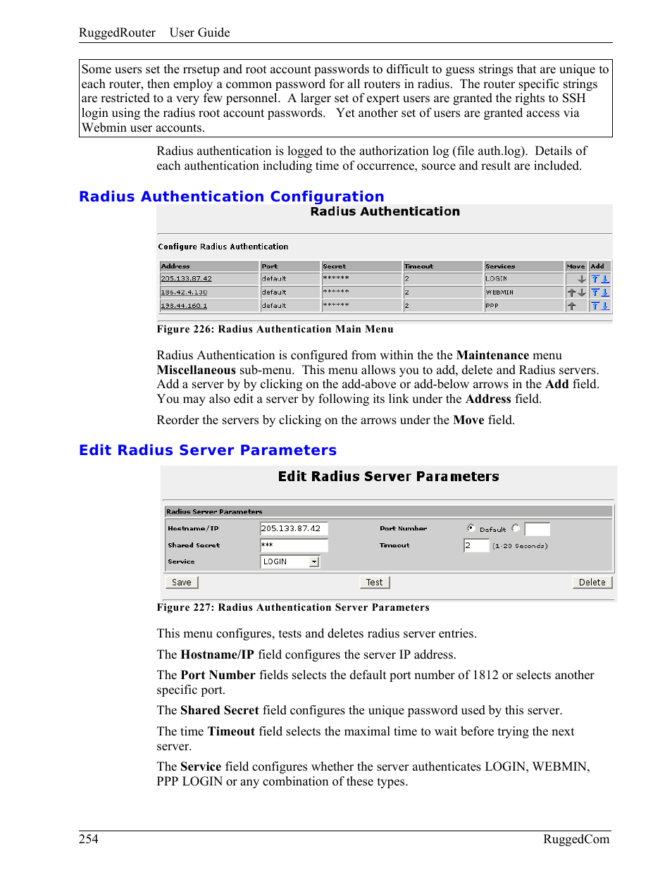 Radius authentication configuration, Edit radius server parameters | RuggedCom RuggedRouter RX1000 User Manual | Page 256 / 284