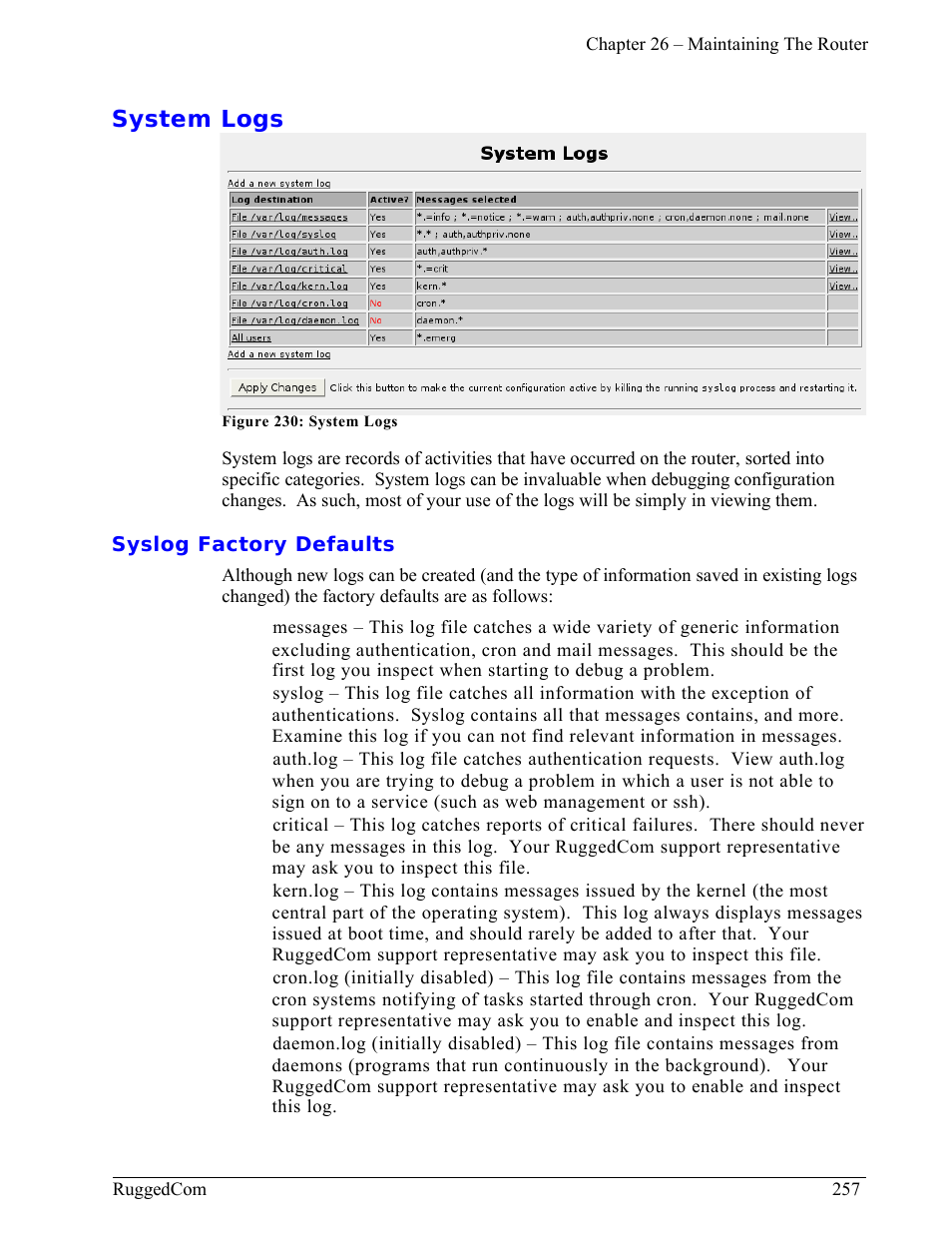 System logs, Syslog factory defaults | RuggedCom RuggedRouter RX1000 User Manual | Page 259 / 284