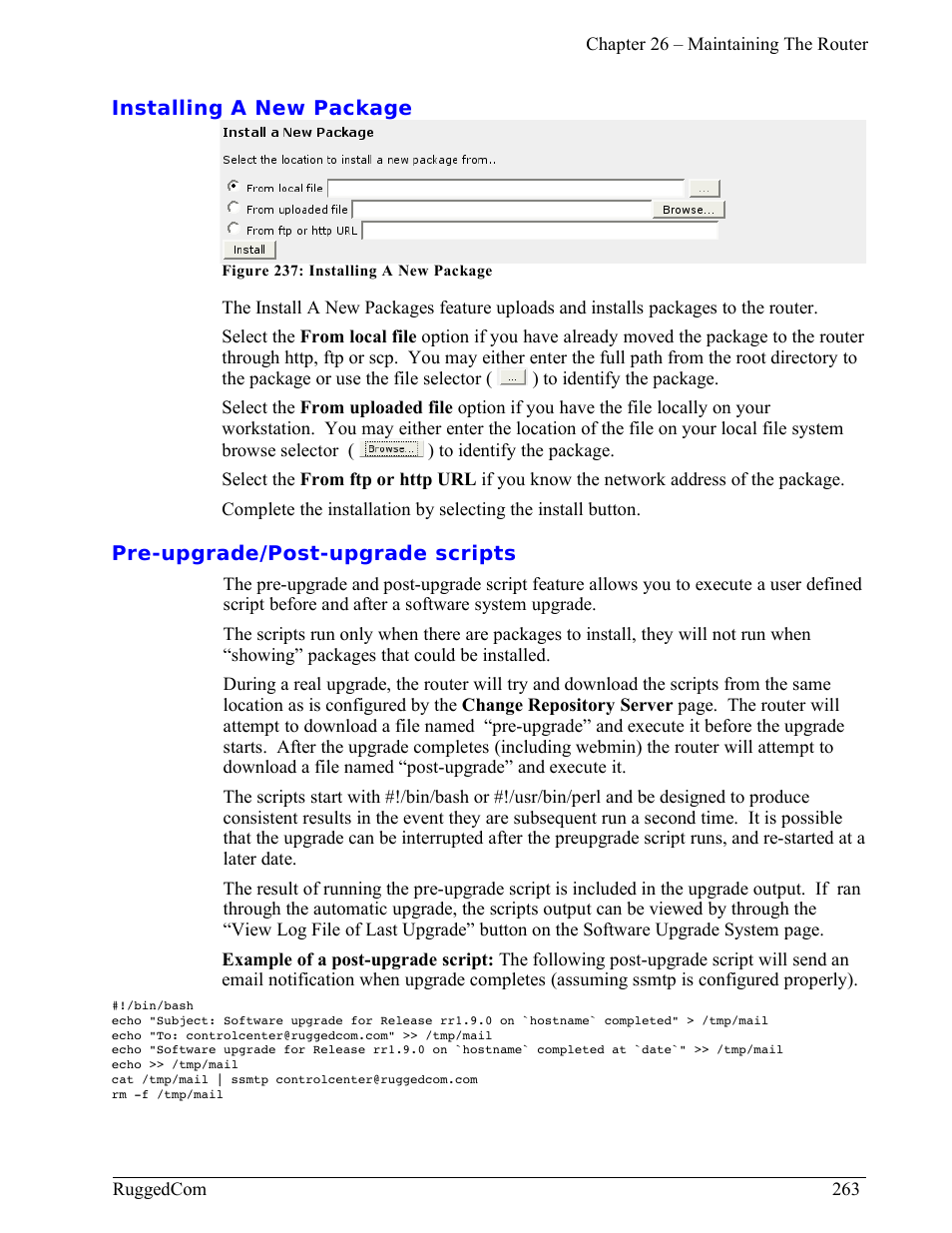 Installing a new package, Pre-upgrade/post-upgrade scripts | RuggedCom RuggedRouter RX1000 User Manual | Page 265 / 284