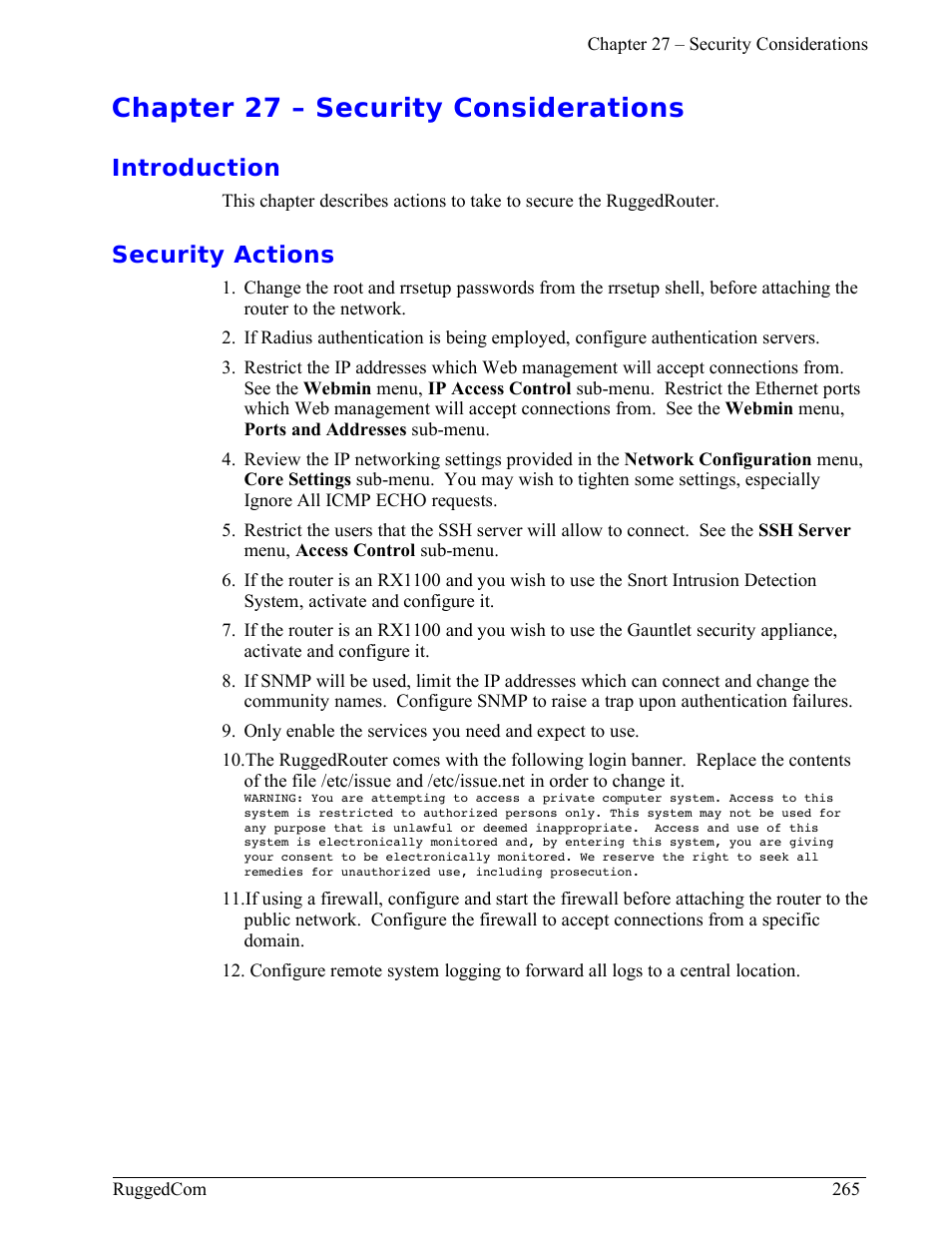 Chapter 27 – security considerations, Introduction, Security actions | RuggedCom RuggedRouter RX1000 User Manual | Page 267 / 284