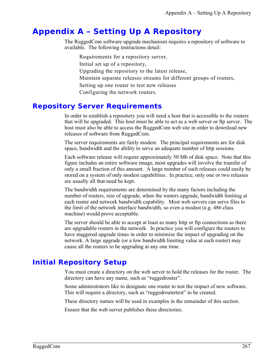 Appendix a – setting up a repository, Repository server requirements, Initial repository setup | RuggedCom RuggedRouter RX1000 User Manual | Page 269 / 284