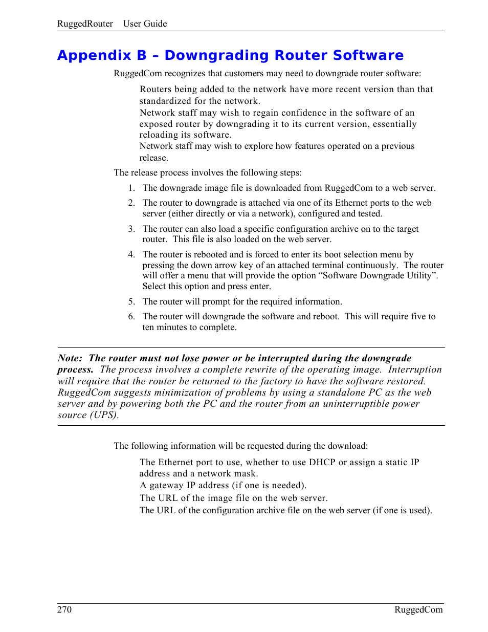 Appendix b – downgrading router software | RuggedCom RuggedRouter RX1000 User Manual | Page 272 / 284