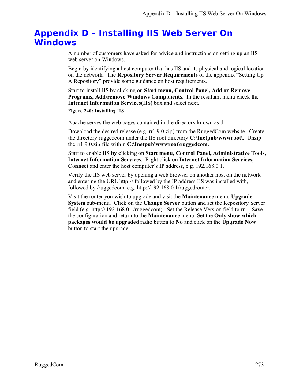 Appendix d – installing iis web server on windows | RuggedCom RuggedRouter RX1000 User Manual | Page 275 / 284