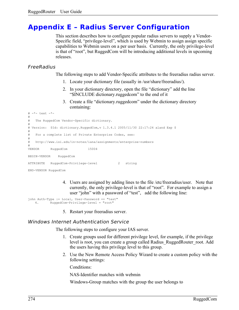 Appendix e – radius server configuration, Freeradius, Windows internet authentication service | RuggedCom RuggedRouter RX1000 User Manual | Page 276 / 284