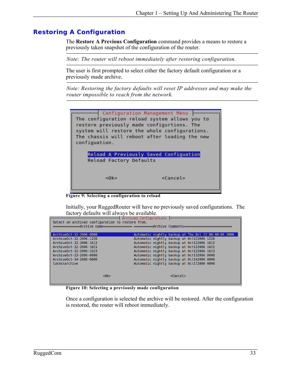 Restoring a configuration | RuggedCom RuggedRouter RX1000 User Manual | Page 35 / 284