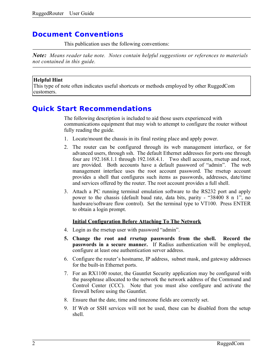 Document conventions, Quick start recommendations | RuggedCom RuggedRouter RX1000 User Manual | Page 4 / 284