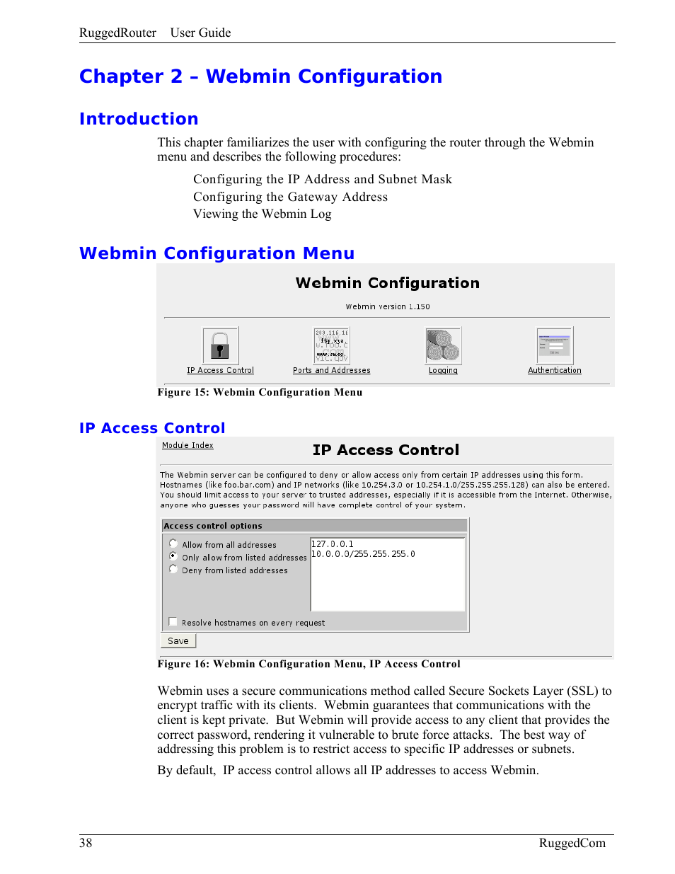 Chapter 2 – webmin configuration, Introduction, Webmin configuration menu | Ip access control | RuggedCom RuggedRouter RX1000 User Manual | Page 40 / 284