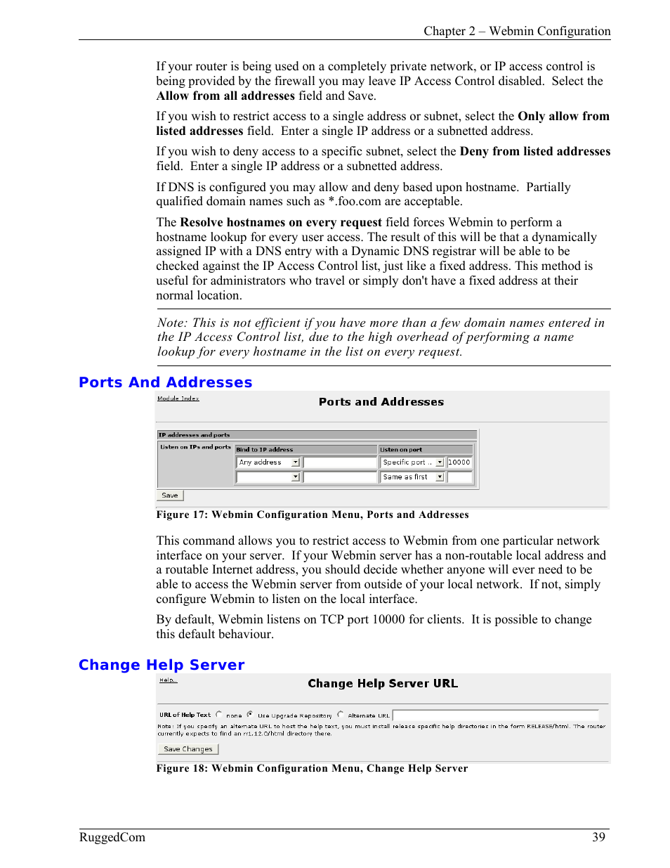Ports and addresses, Change help server | RuggedCom RuggedRouter RX1000 User Manual | Page 41 / 284