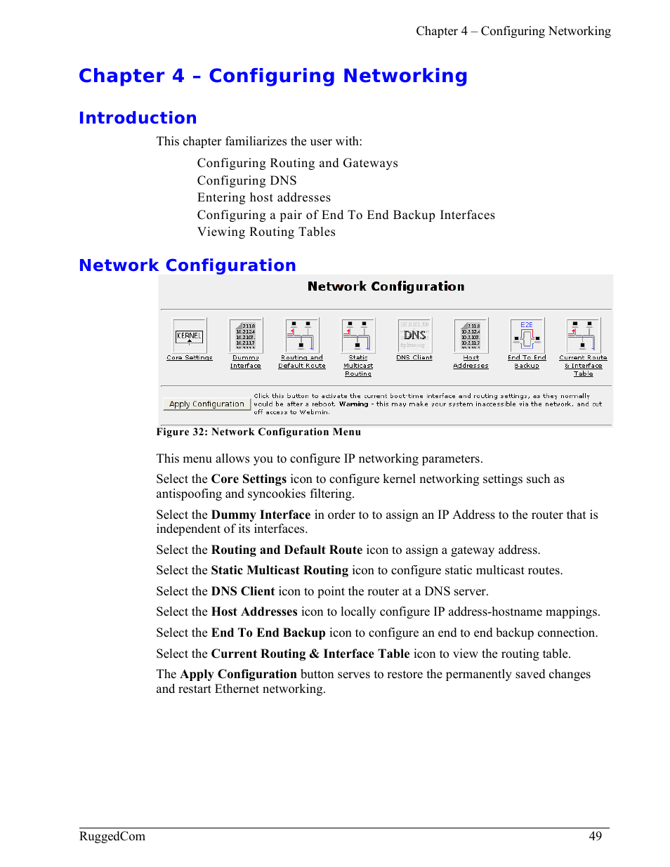 Chapter 4 – configuring networking, Introduction, Network configuration | RuggedCom RuggedRouter RX1000 User Manual | Page 51 / 284