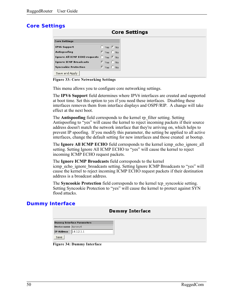 Core settings, Dummy interface | RuggedCom RuggedRouter RX1000 User Manual | Page 52 / 284