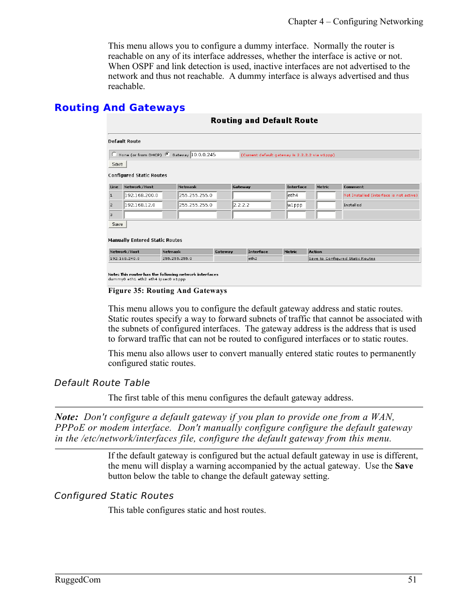 Routing and gateways, Default route table, Configured static routes | RuggedCom RuggedRouter RX1000 User Manual | Page 53 / 284