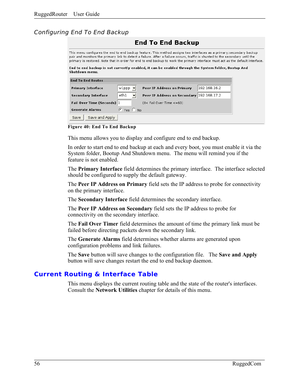 Configuring end to end backup, Current routing & interface table | RuggedCom RuggedRouter RX1000 User Manual | Page 58 / 284