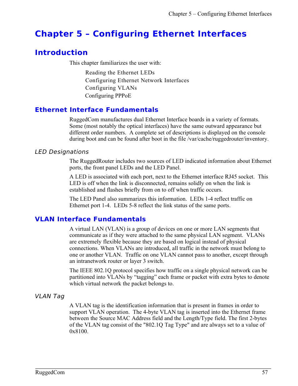 Chapter 5 – configuring ethernet interfaces, Introduction, Ethernet interface fundamentals | Led designations, Vlan interface fundamentals, Vlan tag | RuggedCom RuggedRouter RX1000 User Manual | Page 59 / 284