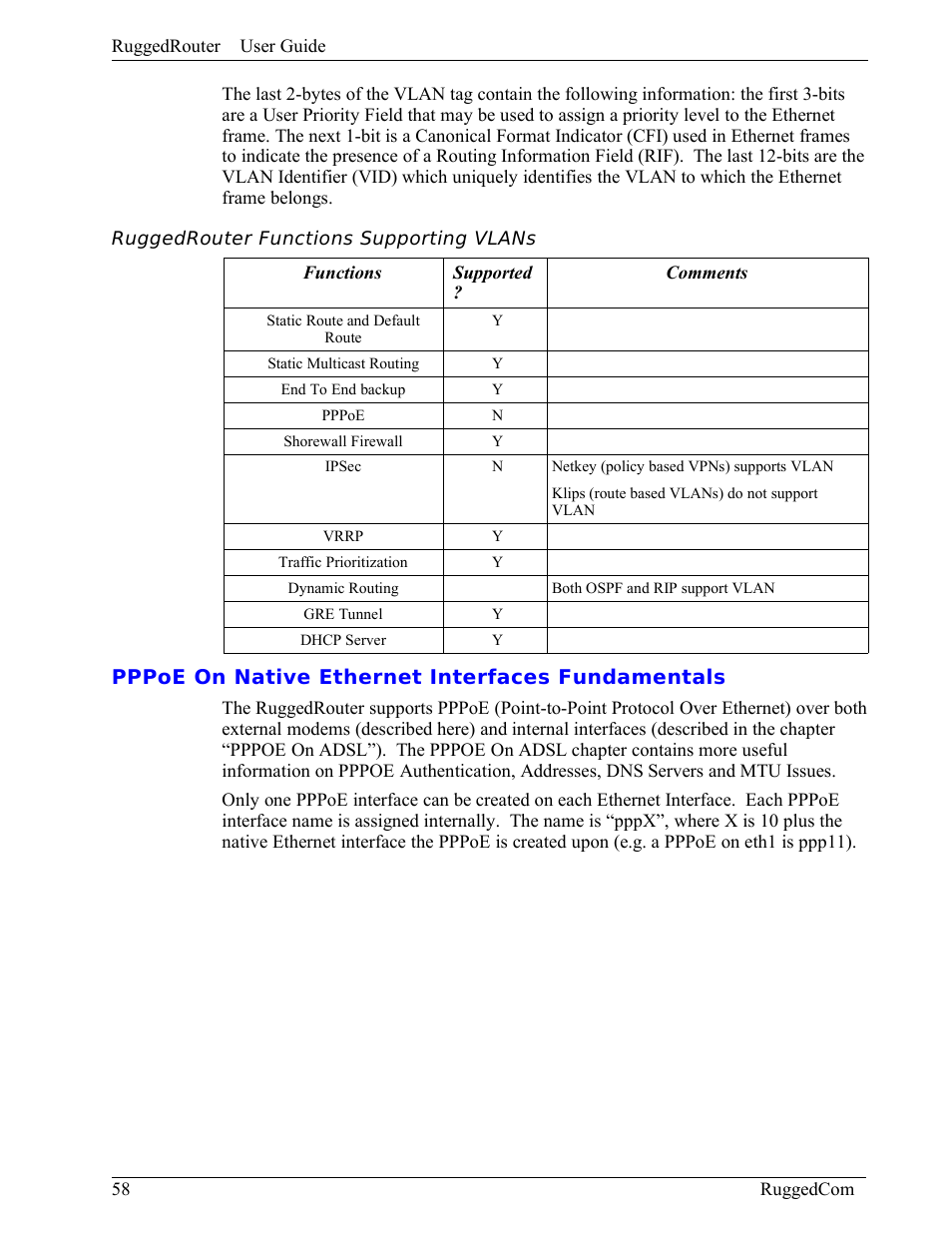 Ruggedrouter functions supporting vlans, Pppoe on native ethernet interfaces fundamentals | RuggedCom RuggedRouter RX1000 User Manual | Page 60 / 284