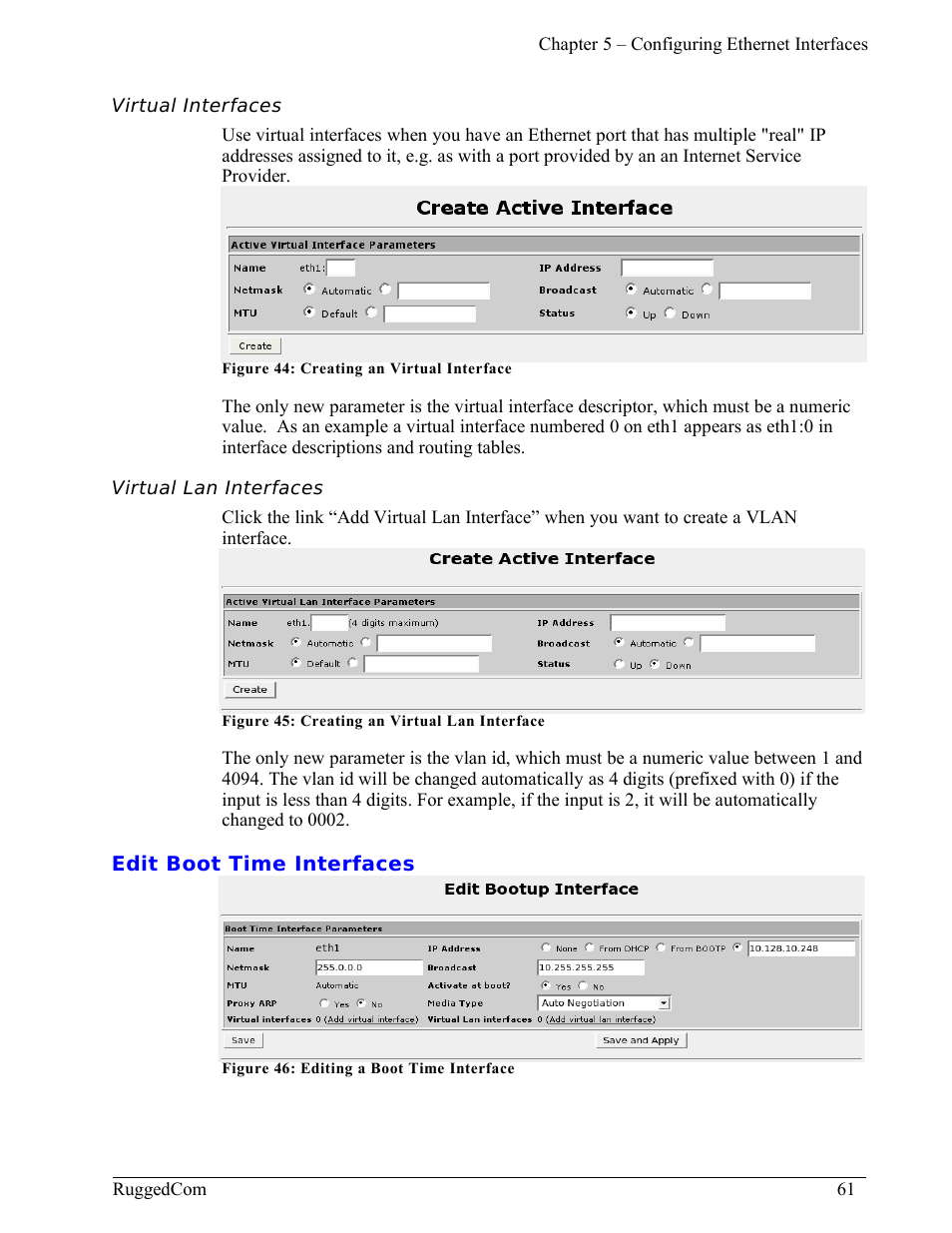 Virtual interfaces, Virtual lan interfaces, Edit boot time interfaces | RuggedCom RuggedRouter RX1000 User Manual | Page 63 / 284