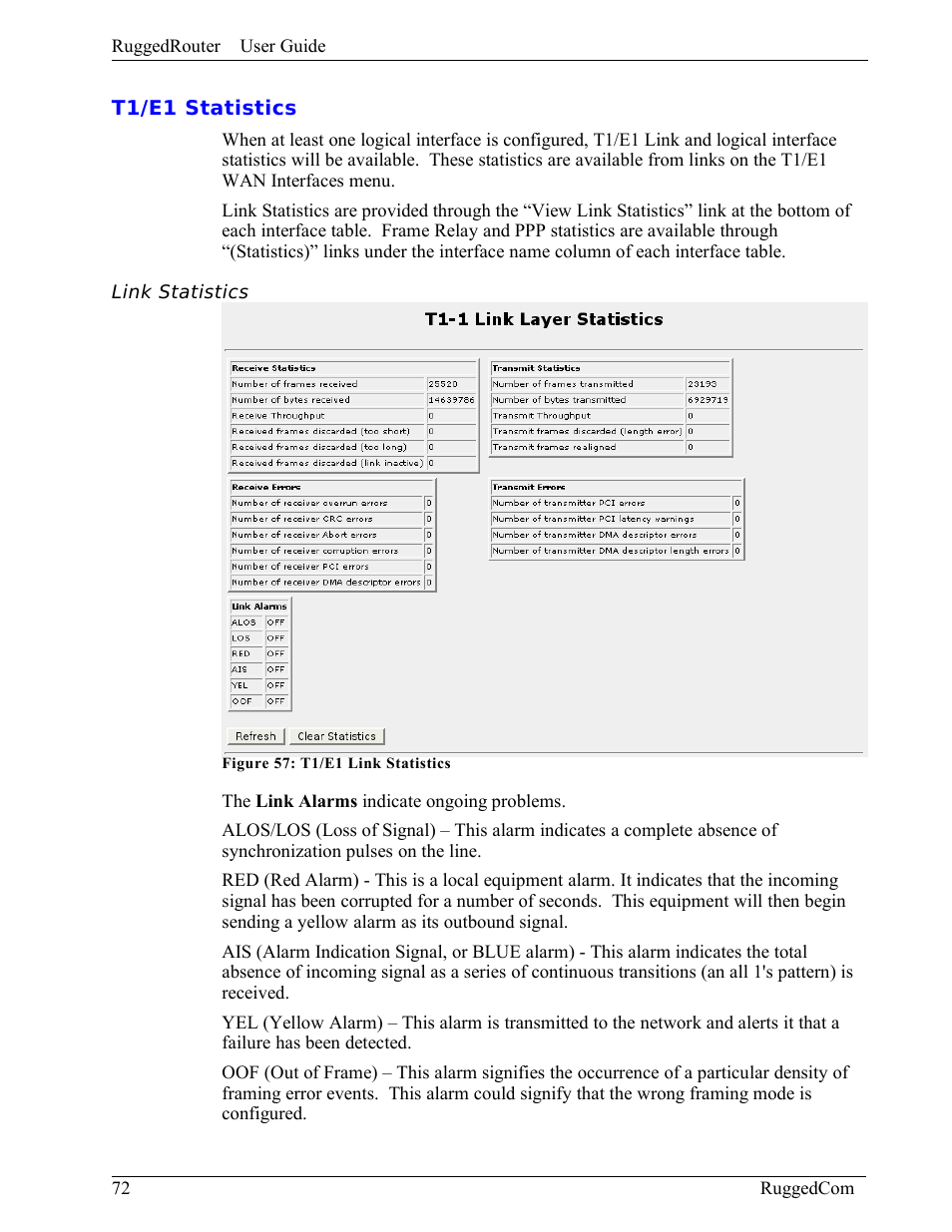 T1/e1 statistics, Link statistics | RuggedCom RuggedRouter RX1000 User Manual | Page 74 / 284