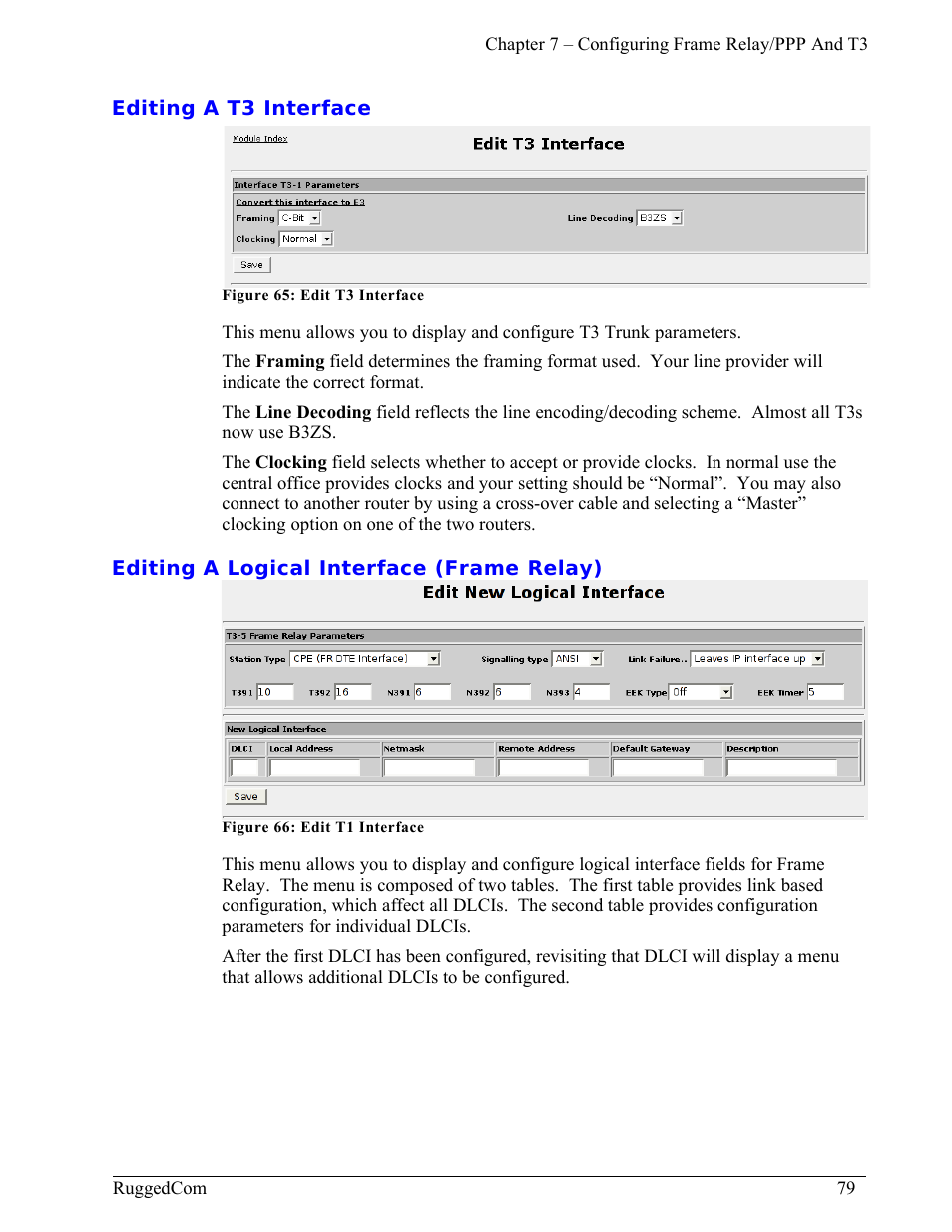 Editing a t3 interface, Editing a logical interface (frame relay) | RuggedCom RuggedRouter RX1000 User Manual | Page 81 / 284