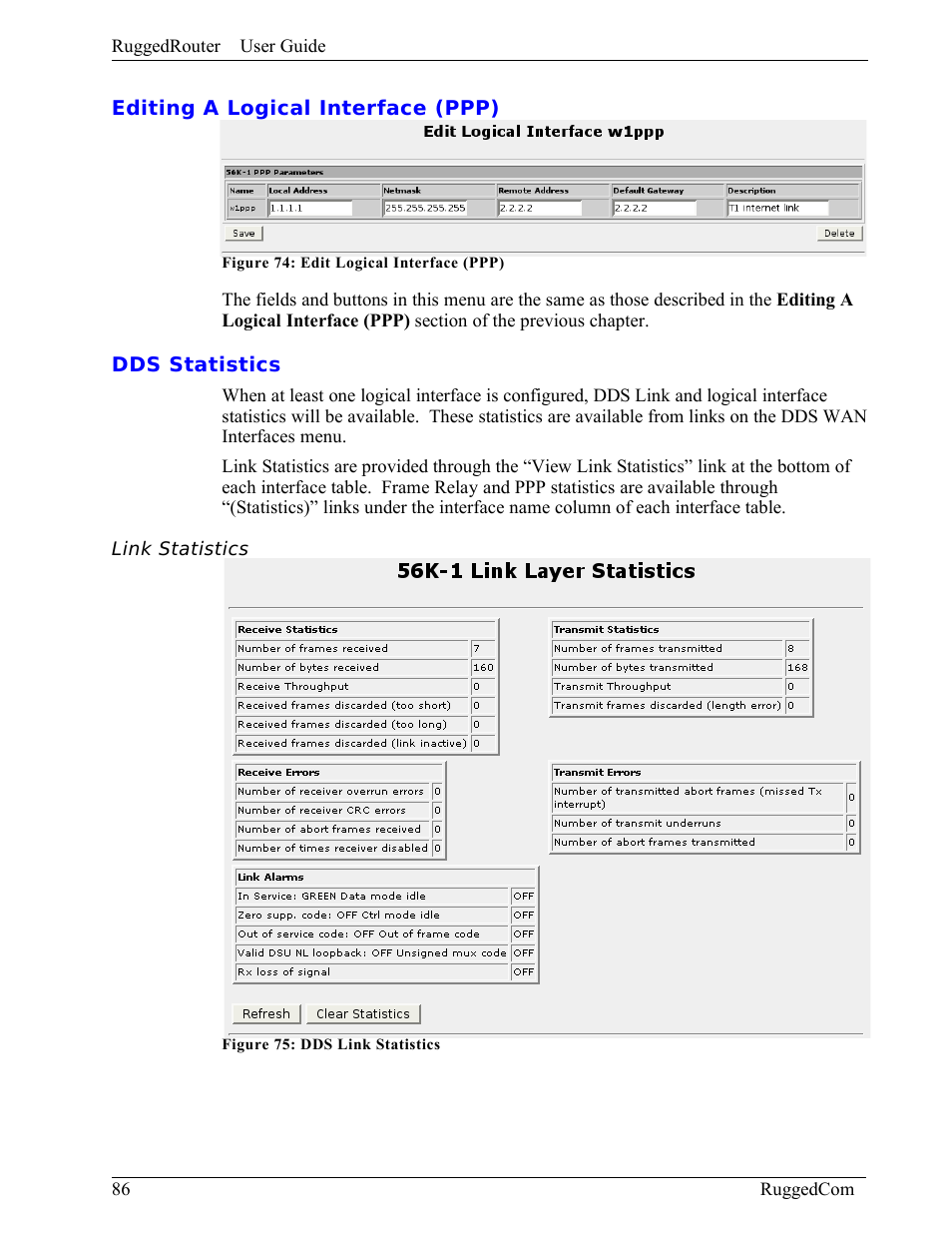 Editing a logical interface (ppp), Dds statistics, Link statistics | RuggedCom RuggedRouter RX1000 User Manual | Page 88 / 284