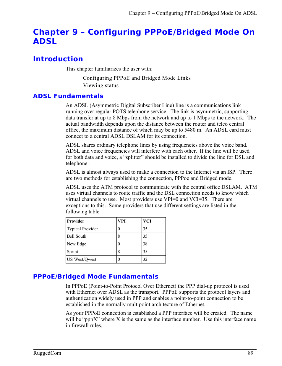 Chapter 9 – configuring pppoe/bridged mode on adsl, Introduction, Adsl fundamentals | Pppoe/bridged mode fundamentals | RuggedCom RuggedRouter RX1000 User Manual | Page 91 / 284