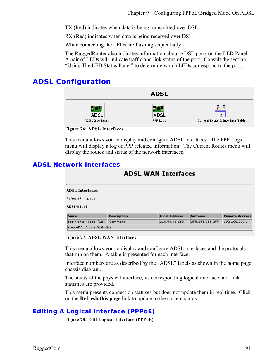 Adsl configuration, Adsl network interfaces, Editing a logical interface (pppoe) | RuggedCom RuggedRouter RX1000 User Manual | Page 93 / 284