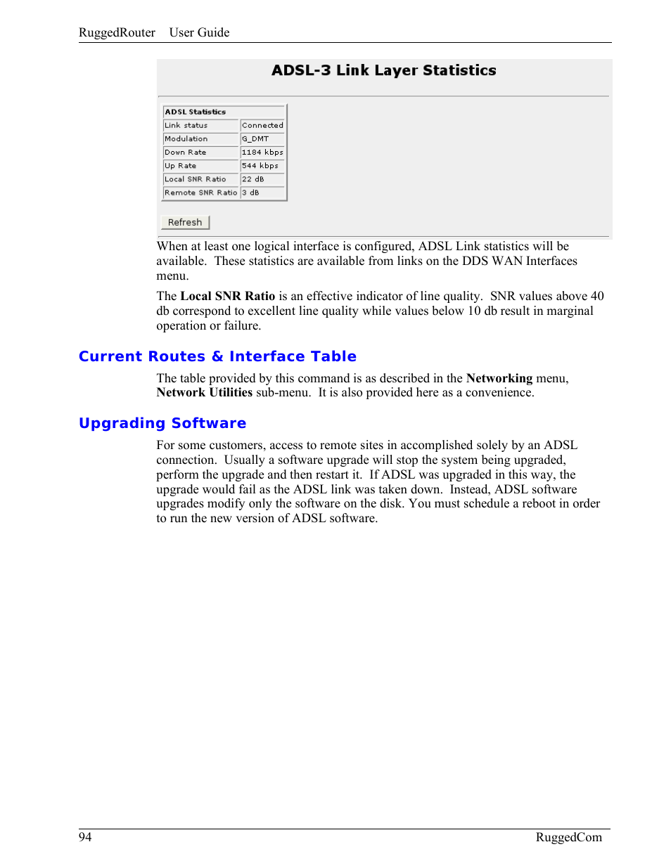 Current routes & interface table, Upgrading software | RuggedCom RuggedRouter RX1000 User Manual | Page 96 / 284