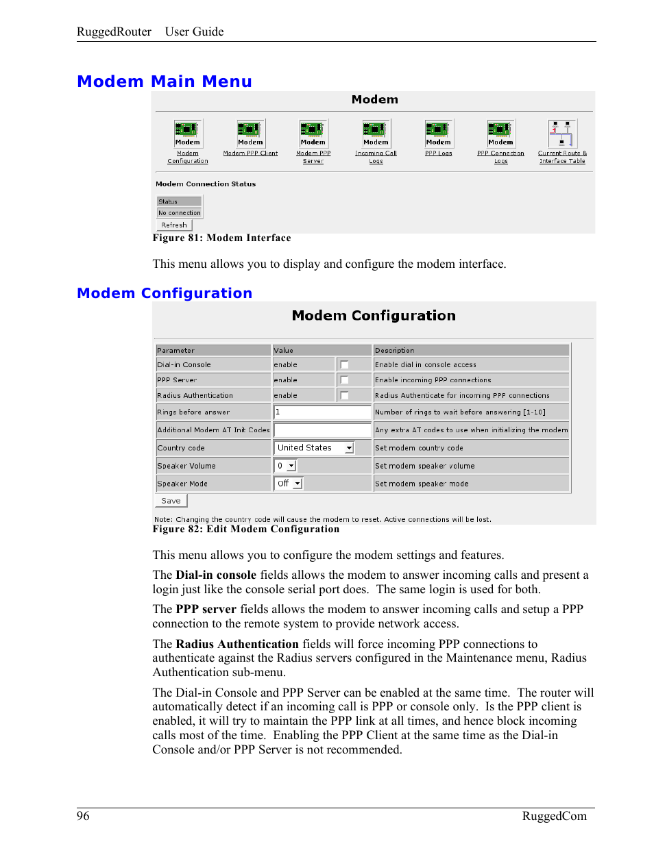 Modem main menu, Modem configuration | RuggedCom RuggedRouter RX1000 User Manual | Page 98 / 284