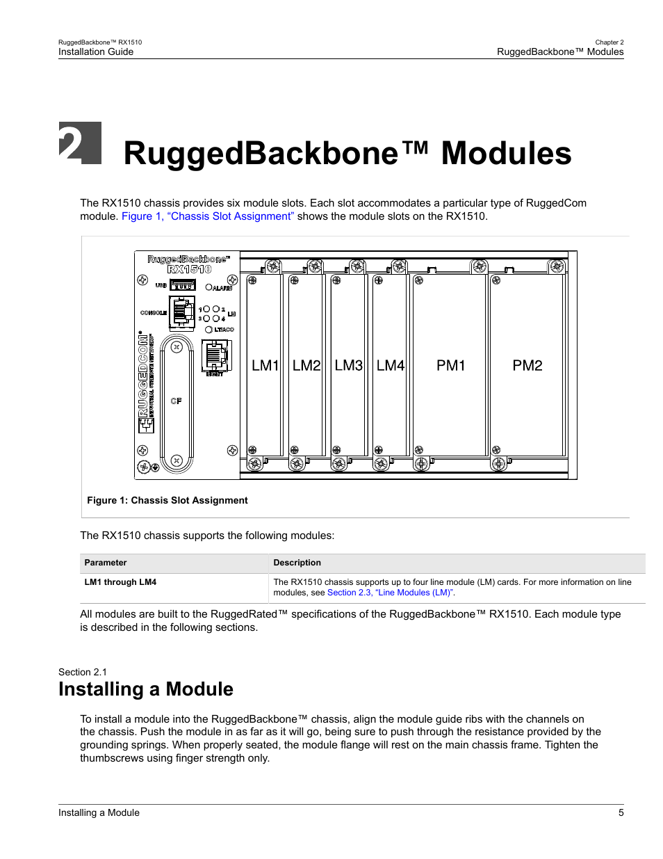 Ruggedbackbone™ modules, Installing a module, 1 installing a module | RuggedCom RUGGEDBACKBONE RX1510 User Manual | Page 11 / 52