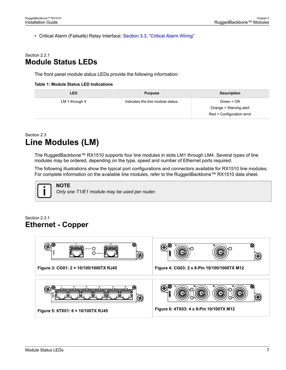 Module status leds, Line modules (lm), Ethernet - copper | 1 module status leds, 3 line modules (lm), 1 ethernet - copper, Modules, see, Section 2.3, “line modules (lm) | RuggedCom RUGGEDBACKBONE RX1510 User Manual | Page 13 / 52