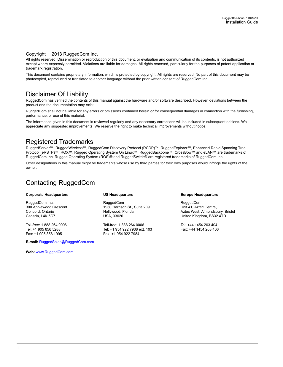 Disclaimer of liability, Registered trademarks, Contacting ruggedcom | RuggedCom RUGGEDBACKBONE RX1510 User Manual | Page 2 / 52