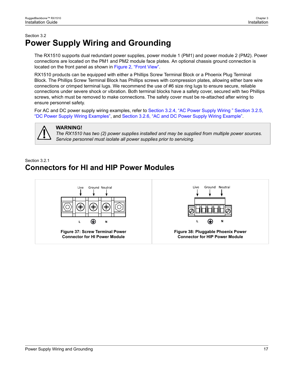 Power supply wiring and grounding, Connectors for hi and hip power modules, 2 power supply wiring and grounding | 1 connectors for hi and hip power modules | RuggedCom RUGGEDBACKBONE RX1510 User Manual | Page 23 / 52