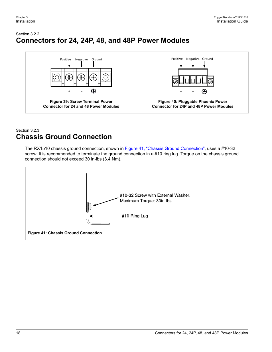 Connectors for 24, 24p, 48, and 48p power modules, Chassis ground connection, 3 chassis ground connection | RuggedCom RUGGEDBACKBONE RX1510 User Manual | Page 24 / 52