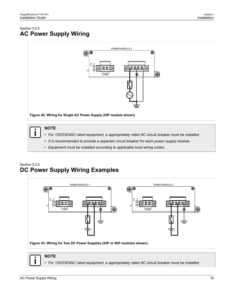 Ac power supply wiring, Dc power supply wiring examples, 4 ac power supply wiring | 5 dc power supply wiring examples, Section 3.2.4, “ac power supply wiring, Section 3.2.5 | RuggedCom RUGGEDBACKBONE RX1510 User Manual | Page 25 / 52