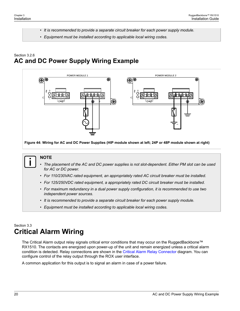 Ac and dc power supply wiring example, Critical alarm wiring, 6 ac and dc power supply wiring example | 3 critical alarm wiring | RuggedCom RUGGEDBACKBONE RX1510 User Manual | Page 26 / 52