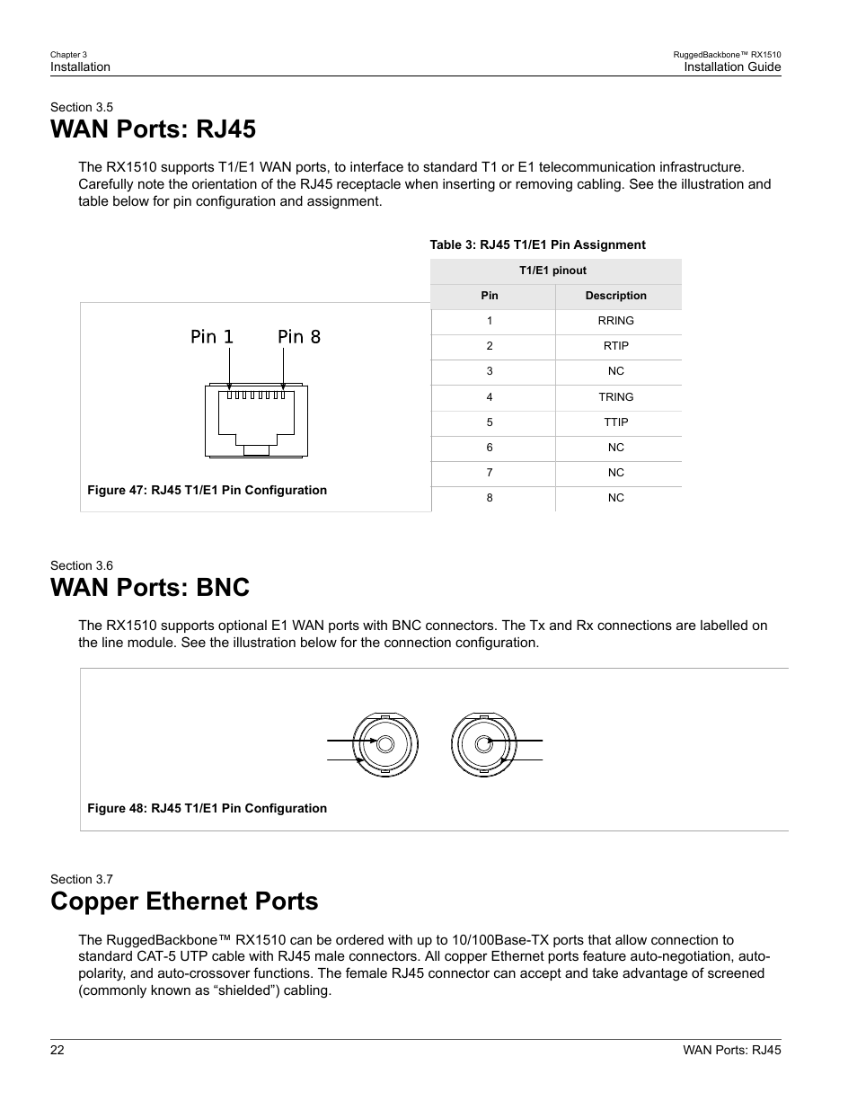 Wan ports: rj45, Wan ports: bnc, Copper ethernet ports | 5 wan ports: rj45, 6 wan ports: bnc, 7 copper ethernet ports | RuggedCom RUGGEDBACKBONE RX1510 User Manual | Page 28 / 52