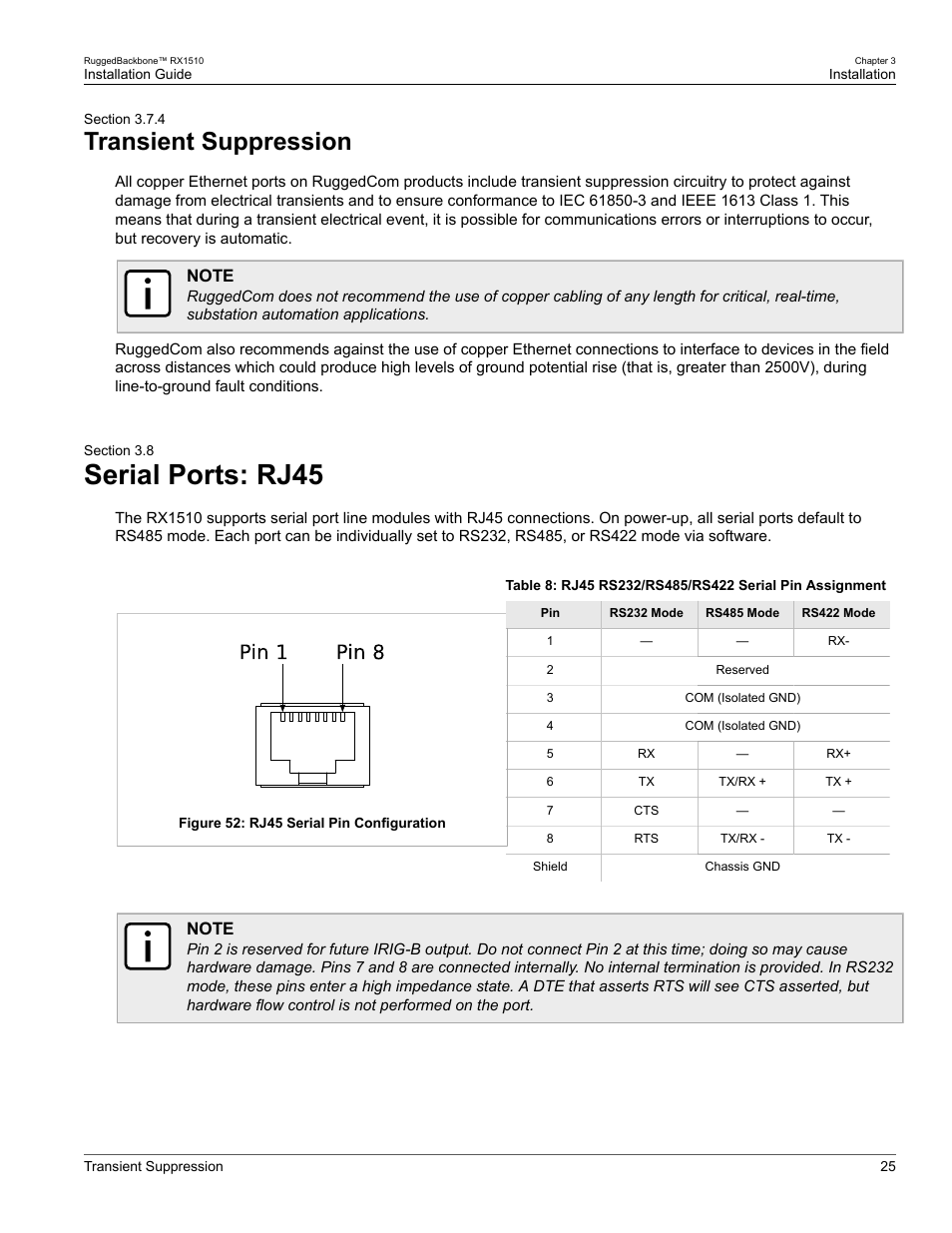 Transient suppression, Serial ports: rj45, 4 transient suppression | 8 serial ports: rj45 | RuggedCom RUGGEDBACKBONE RX1510 User Manual | Page 31 / 52