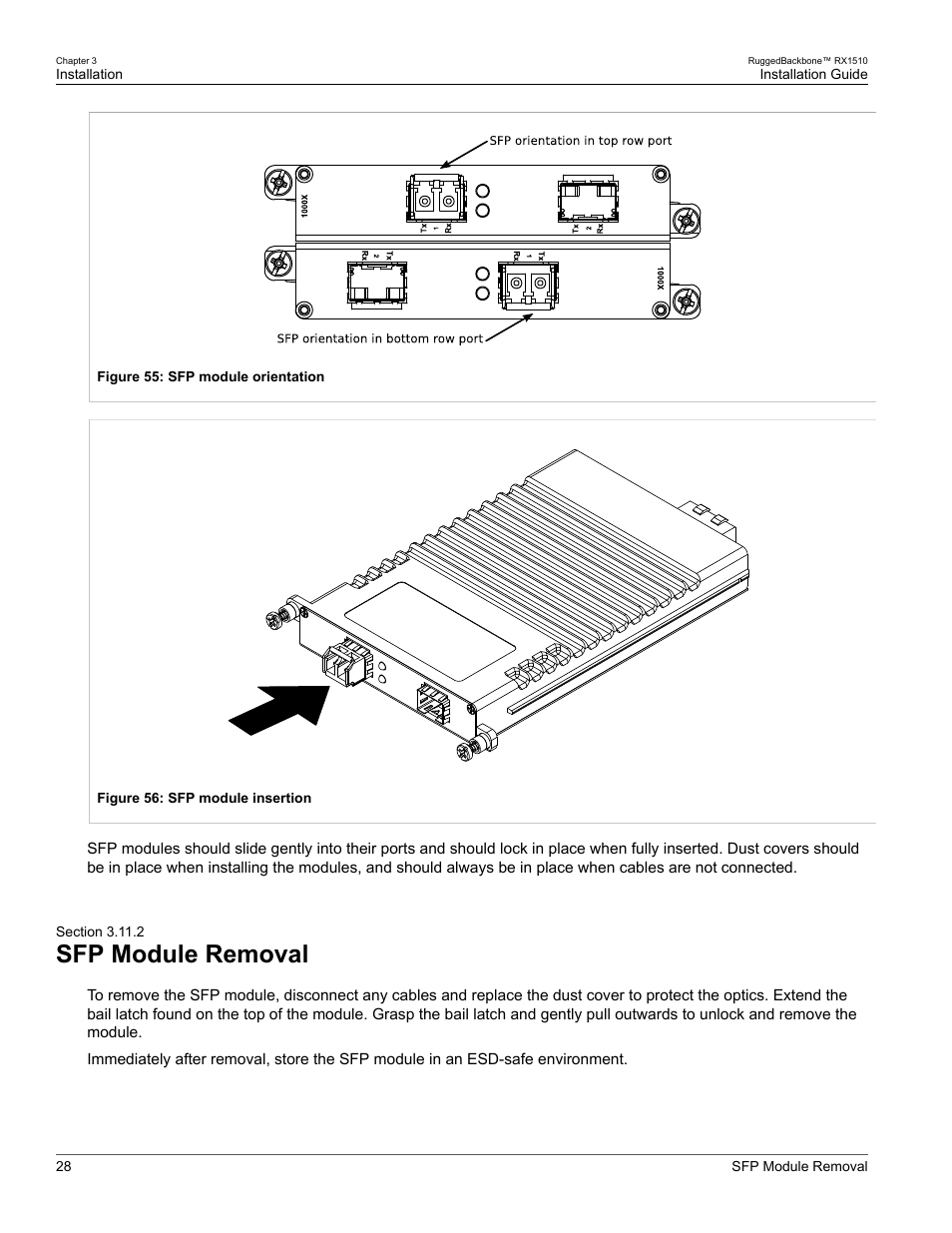 Sfp module removal, 2 sfp module removal | RuggedCom RUGGEDBACKBONE RX1510 User Manual | Page 34 / 52
