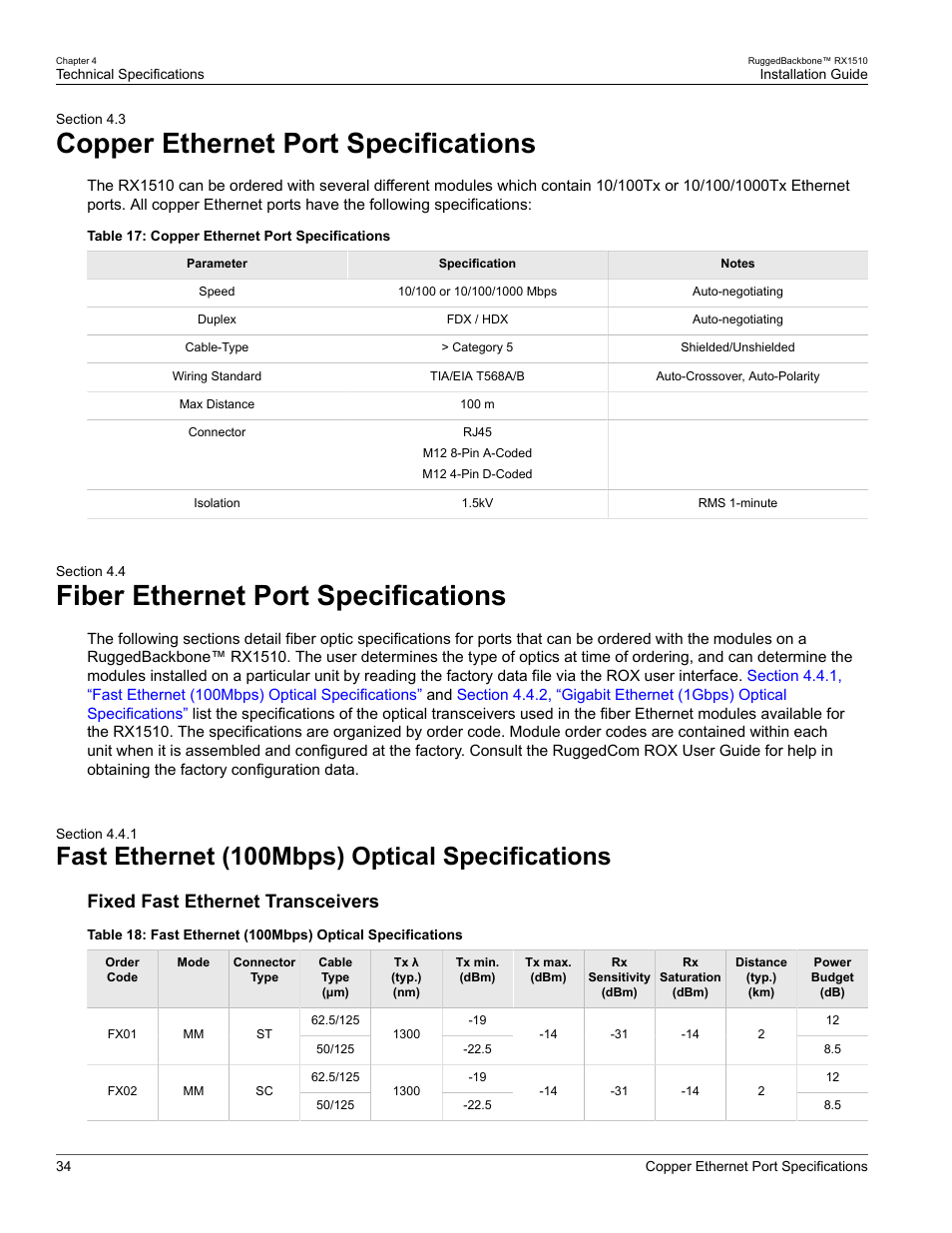 Copper ethernet port specifications, Fiber ethernet port specifications, Fast ethernet (100mbps) optical specifications | 3 copper ethernet port specifications, 4 fiber ethernet port specifications, 1 fast ethernet (100mbps) optical specifications, Fixed fast ethernet transceivers | RuggedCom RUGGEDBACKBONE RX1510 User Manual | Page 40 / 52