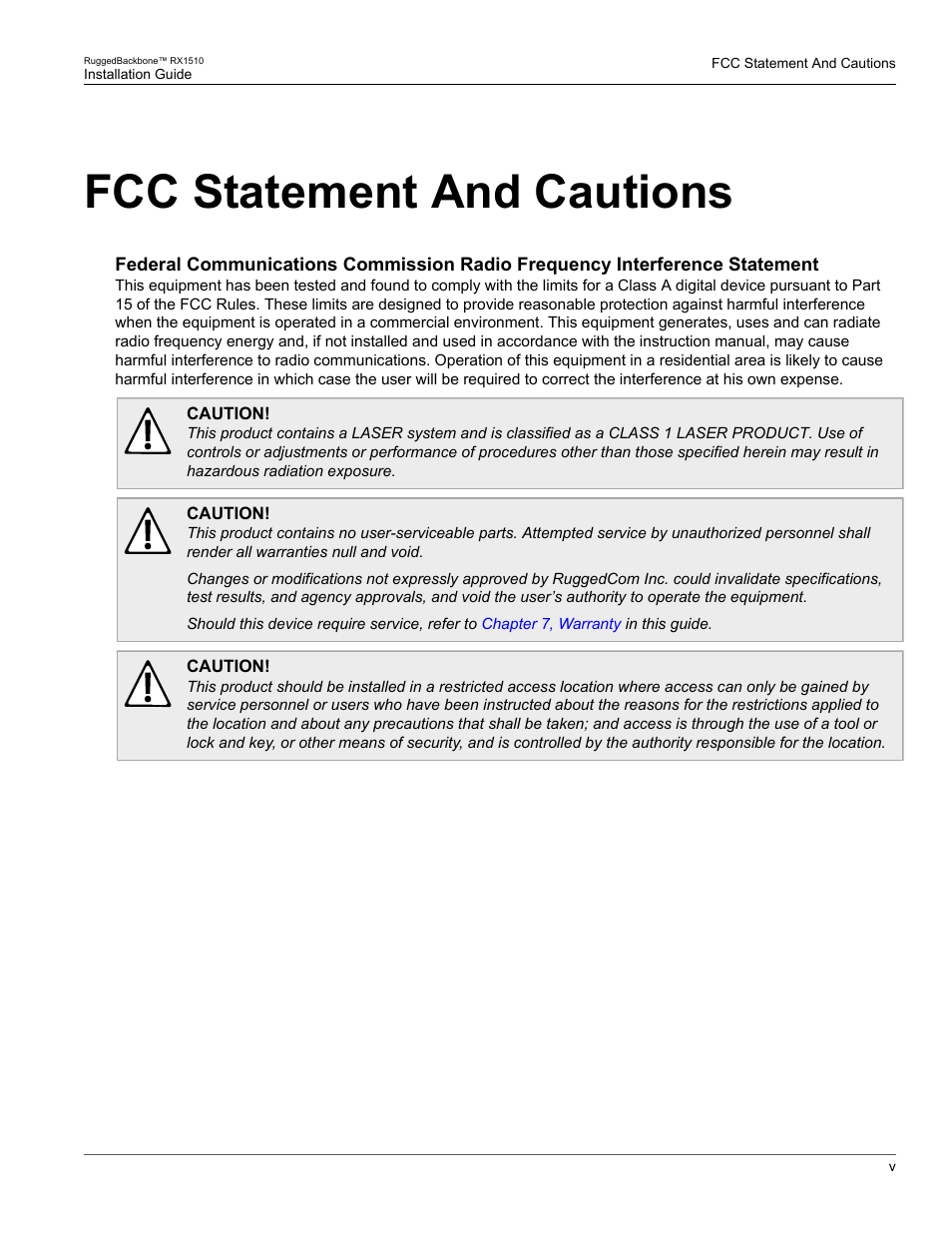 Fcc statement and cautions | RuggedCom RUGGEDBACKBONE RX1510 User Manual | Page 5 / 52