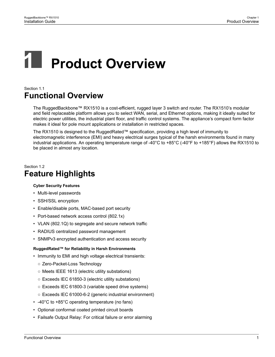 Product overview, Functional overview, Feature highlights | 1 functional overview, 2 feature highlights | RuggedCom RUGGEDBACKBONE RX1510 User Manual | Page 7 / 52