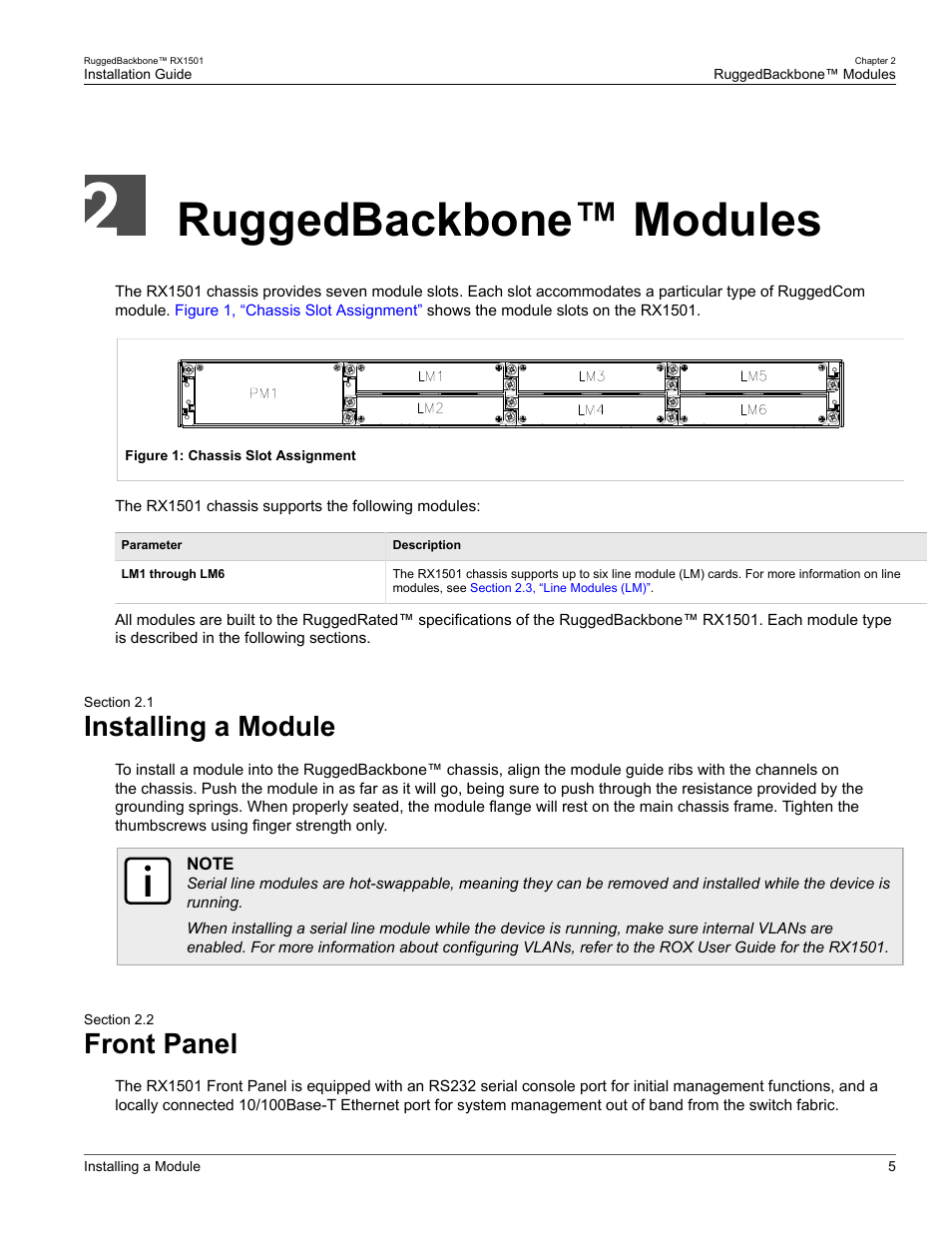 Ruggedbackbone™ modules, Installing a module, Front panel | 1 installing a module, 2 front panel | RuggedCom RUGGEDBACKBONE RX1501 User Manual | Page 11 / 52