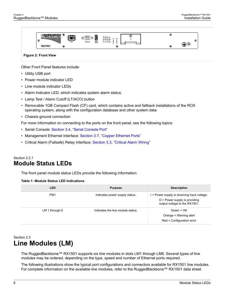 Module status leds, Line modules (lm), 1 module status leds | 3 line modules (lm), Modules, see, Section 2.3, “line modules (lm) | RuggedCom RUGGEDBACKBONE RX1501 User Manual | Page 12 / 52