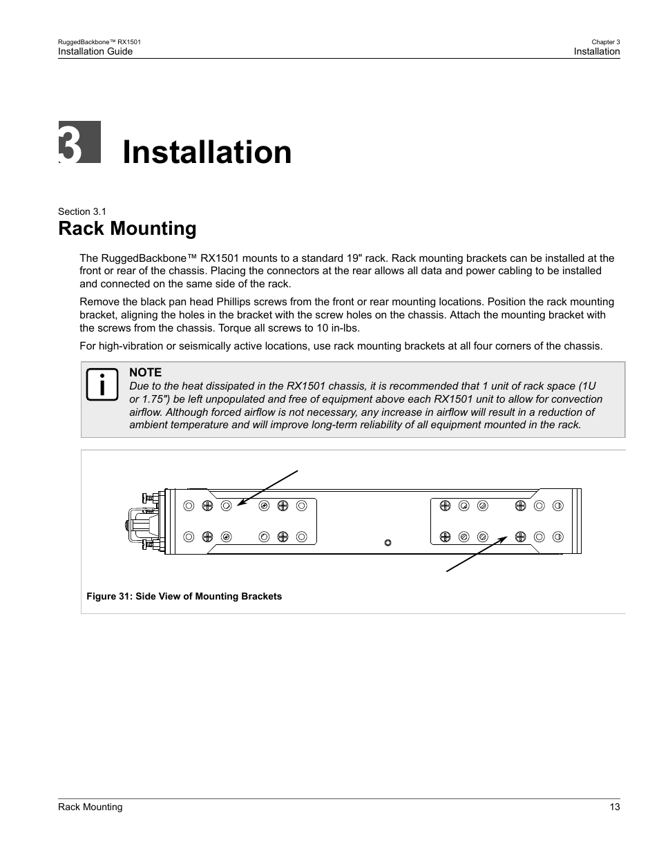 Installation, Rack mounting, 1 rack mounting | RuggedCom RUGGEDBACKBONE RX1501 User Manual | Page 19 / 52