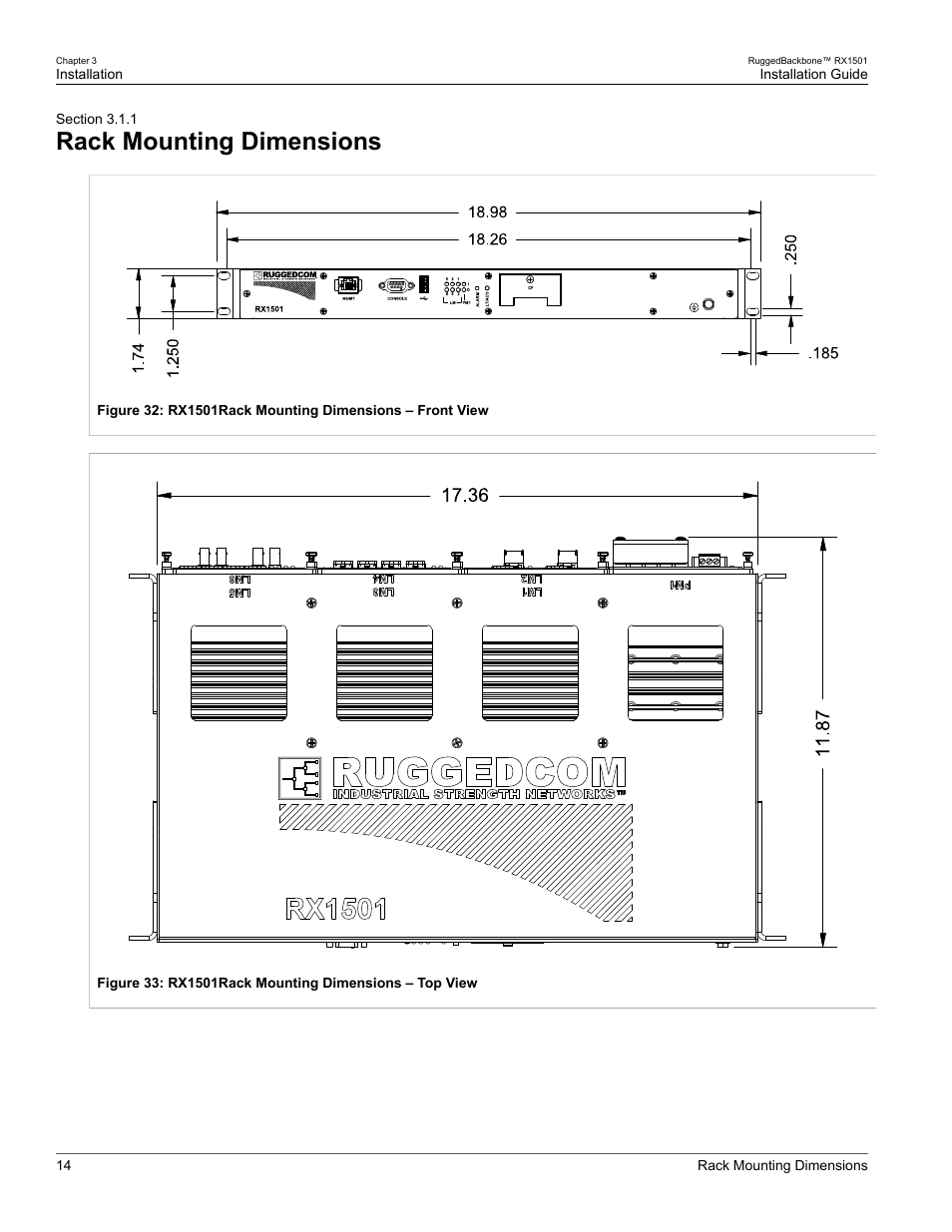 Rack mounting dimensions, 1 rack mounting dimensions | RuggedCom RUGGEDBACKBONE RX1501 User Manual | Page 20 / 52