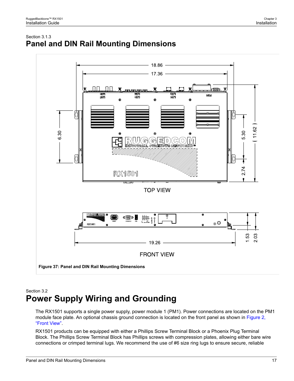 Panel and din rail mounting dimensions, Power supply wiring and grounding, 3 panel and din rail mounting dimensions | 2 power supply wiring and grounding | RuggedCom RUGGEDBACKBONE RX1501 User Manual | Page 23 / 52