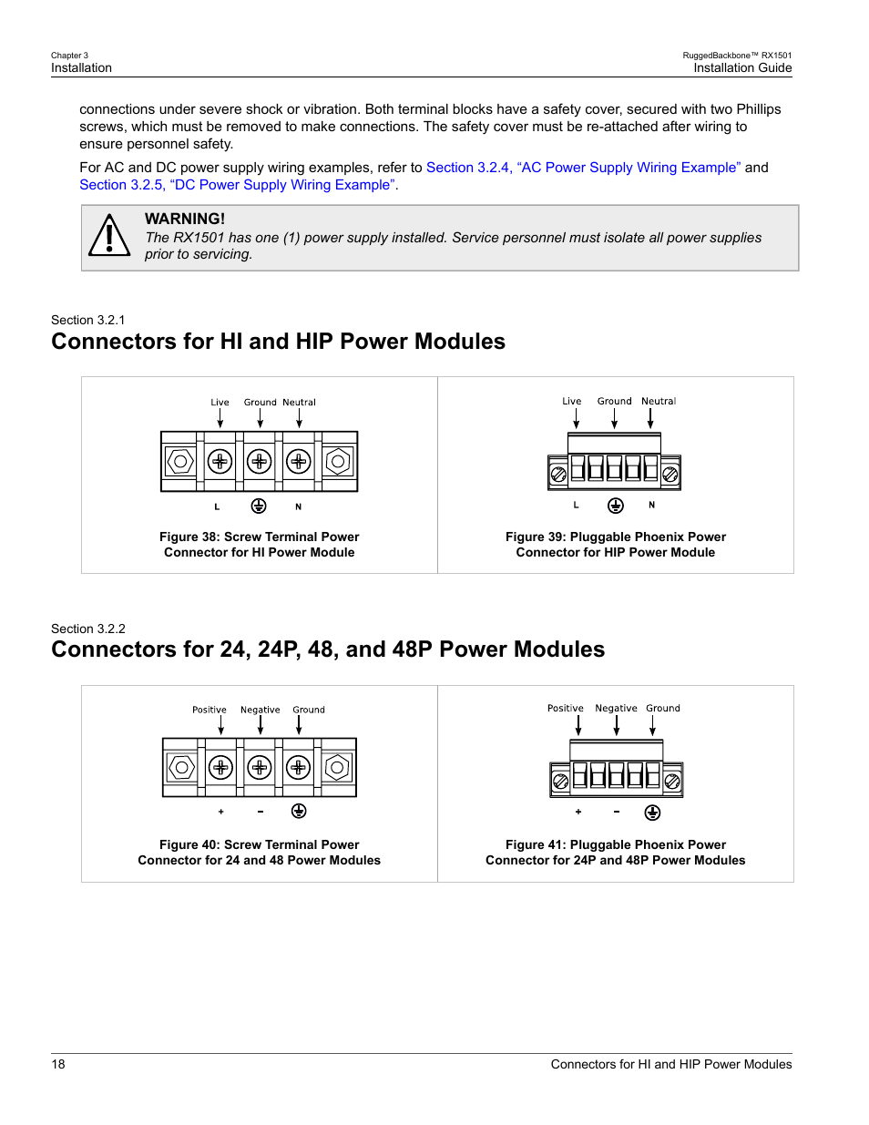 Connectors for hi and hip power modules, Connectors for 24, 24p, 48, and 48p power modules, 1 connectors for hi and hip power modules | RuggedCom RUGGEDBACKBONE RX1501 User Manual | Page 24 / 52