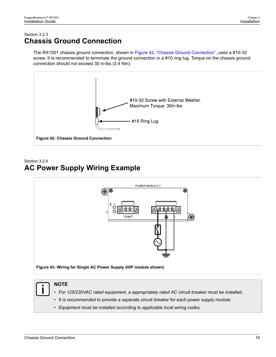 Chassis ground connection, Ac power supply wiring example, 3 chassis ground connection | 4 ac power supply wiring example, Section 3.2.4, “ac power supply wiring example | RuggedCom RUGGEDBACKBONE RX1501 User Manual | Page 25 / 52