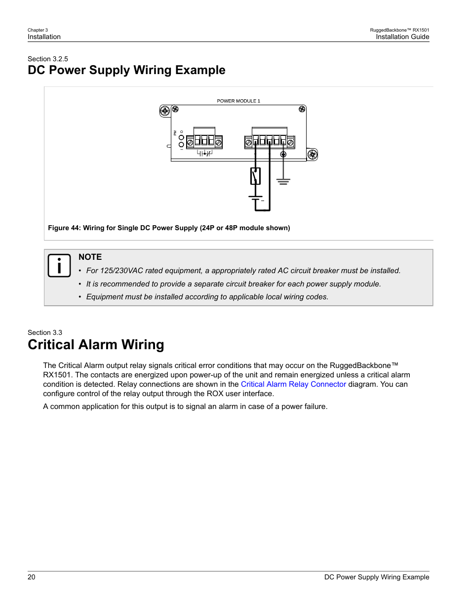 Dc power supply wiring example, Critical alarm wiring, 5 dc power supply wiring example | 3 critical alarm wiring, Critical alarm (failsafe) relay interface, Section 3.3, “critical alarm wiring, Section 3.2.5, “dc power supply wiring example | RuggedCom RUGGEDBACKBONE RX1501 User Manual | Page 26 / 52